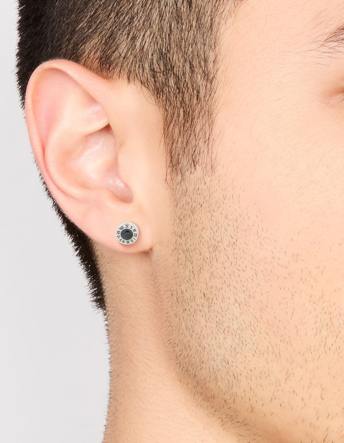 Mens Waterproof Stainless Steel Roman Numeral Round Stud Earrings