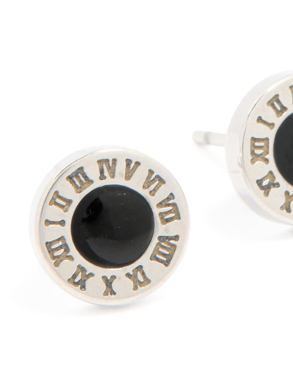 Mens Waterproof Stainless Steel Roman Numeral Round Stud Earrings