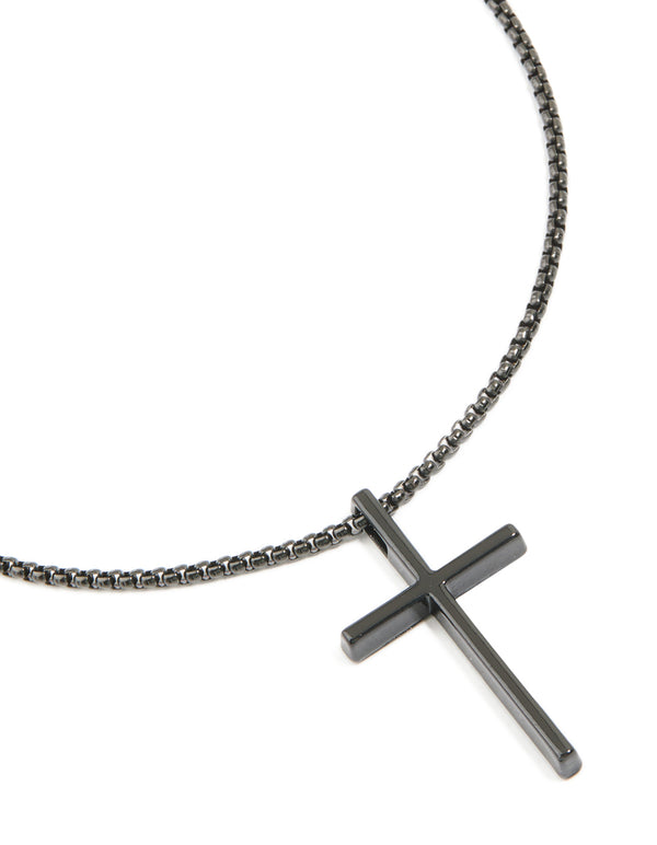 Mens Waterproof Black Coated Metal Stainless Steel Smooth Cross Pendant Necklace