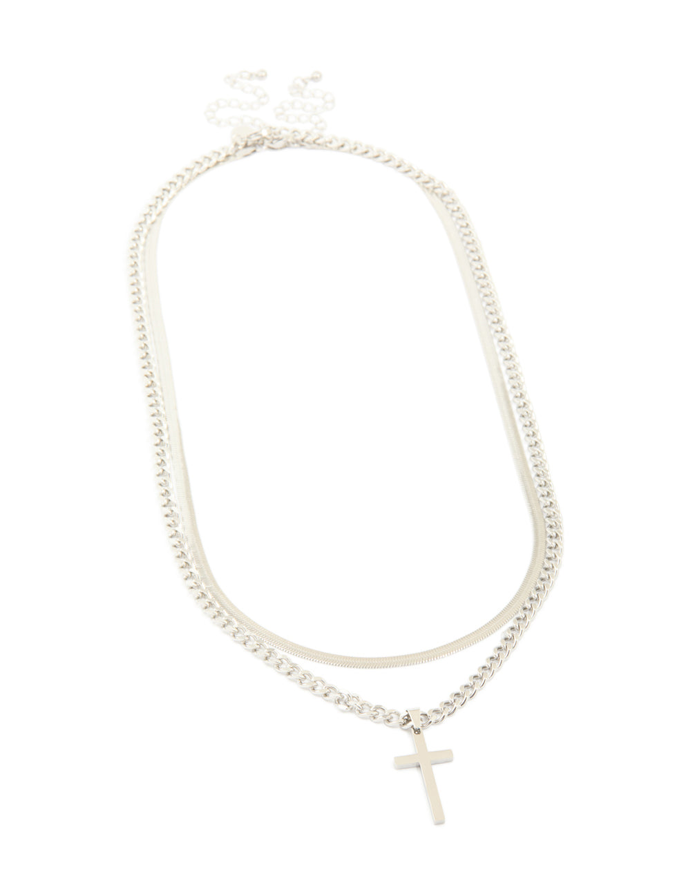 Mens Waterproof Stainless Steel Cross & Snake Chain Layered Necklace
