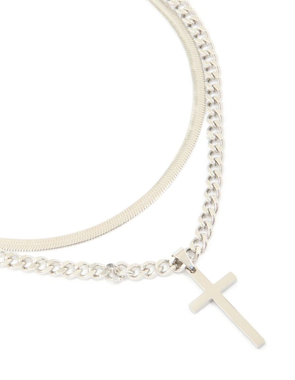 Mens Waterproof Stainless Steel Cross & Snake Chain Layered Necklace