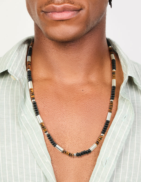 Mens Waterproof Stainless Steel Tigers Eye Semi Precious Stone & Black Beaded Necklace