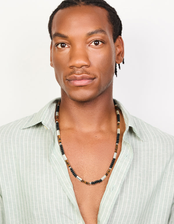 Mens Waterproof Stainless Steel Tigers Eye Semi Precious Stone & Black Beaded Necklace