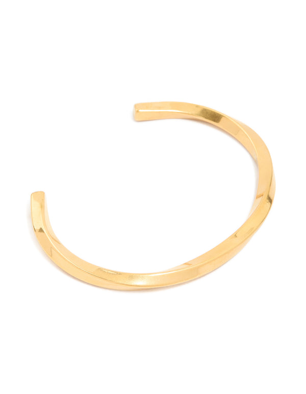 Showcasing a waterproof gold plated stainless steel square twist wrist cuff in gold front view