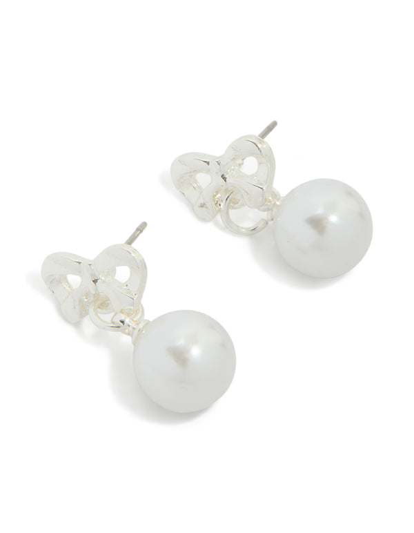 Silver Pearl Drop Bow Stud Earrings