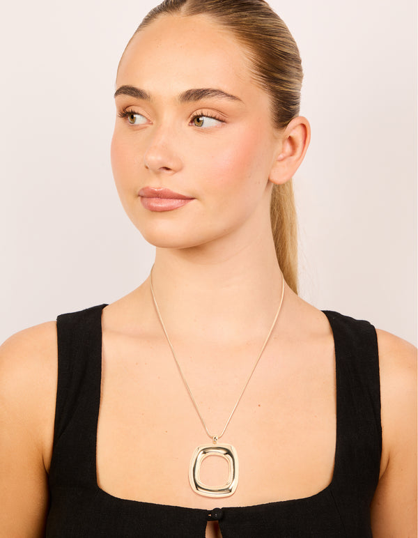 Gold Plated Puffy Square Open Pendant Necklace