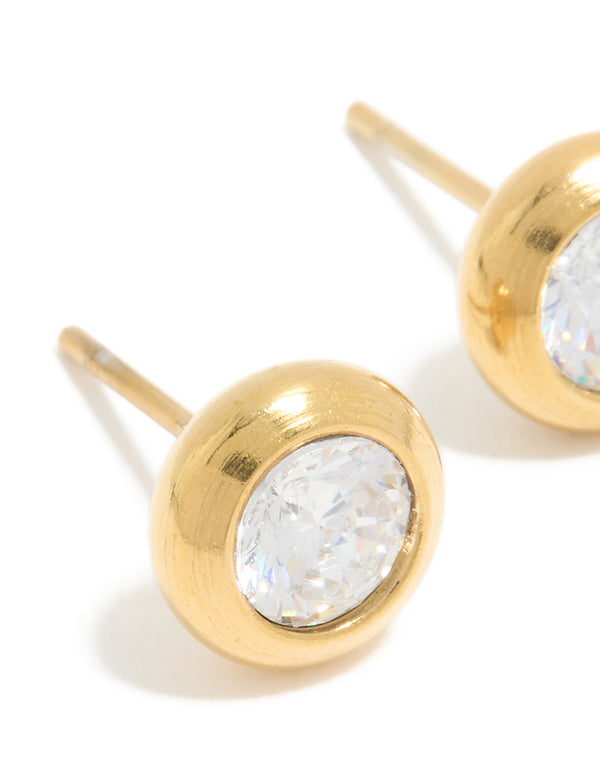 Waterproof Gold Plated Stainless Steel Cubic Zirconia Bezel Stud Earrings