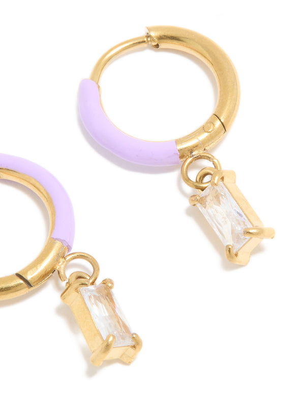 Crafted from waterproof statement huggie earrings with crystal featuring cubic zirconia in purple enamel, crafted from stainless steel and gold plated post detail view