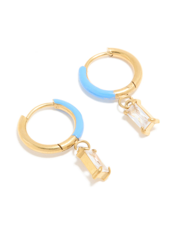 Waterproof Gold Plated Stainless Steel Light Blue Enamel Cubic Zirconia Charm Huggie Earrings