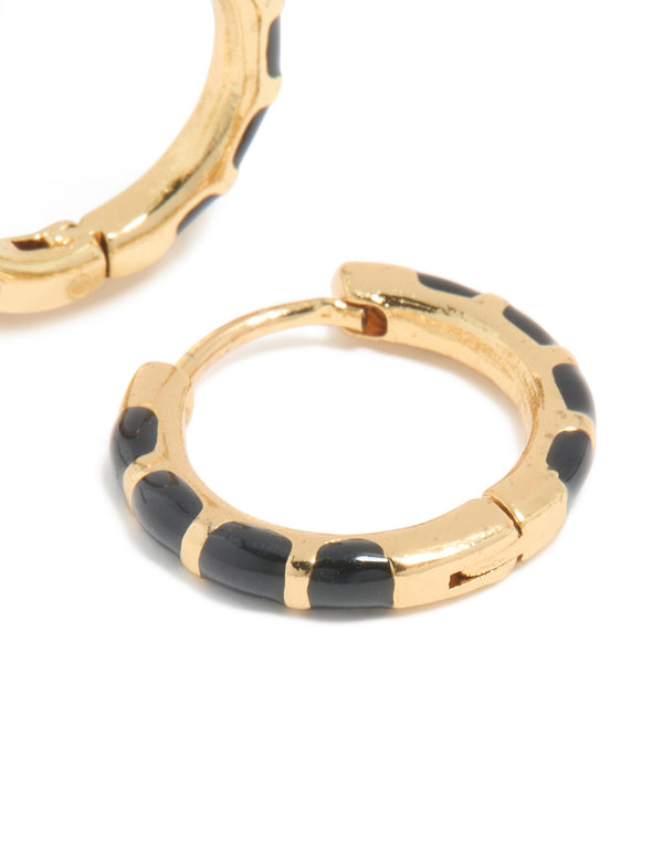 Waterproof Gold Plated Stainless Steel Black Enamel Bamboo Huggie Earrings