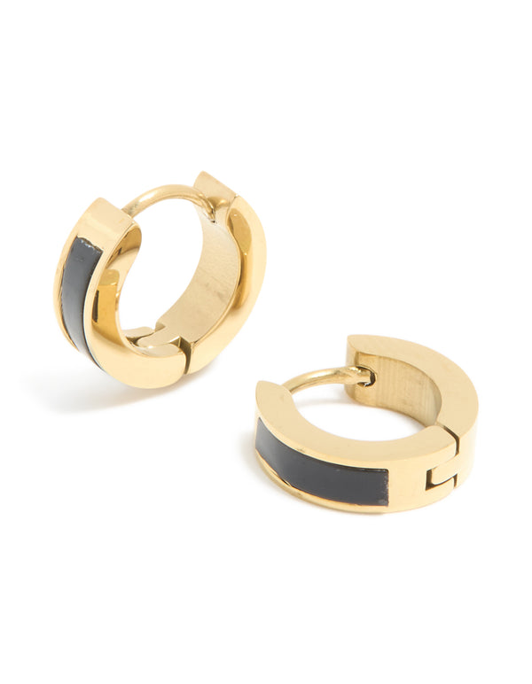Featuring waterproof gold plated stainless steel small black enamel inlay huggie earrings front view