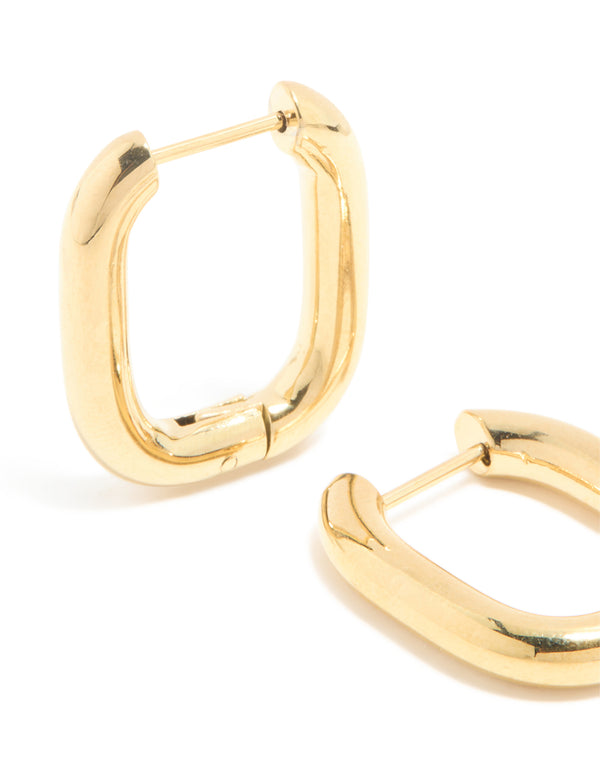 Designed with waterproof gold plated stainless steel chunky oblong huggie earrings in statement style close up view