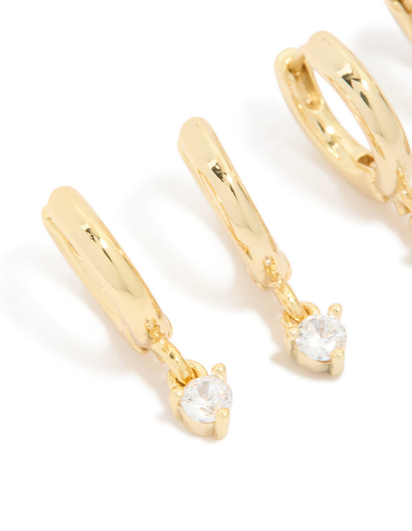 Gold Plated Brass Baguette Round Cubic Zirconia Huggie Earrings 2-Pack