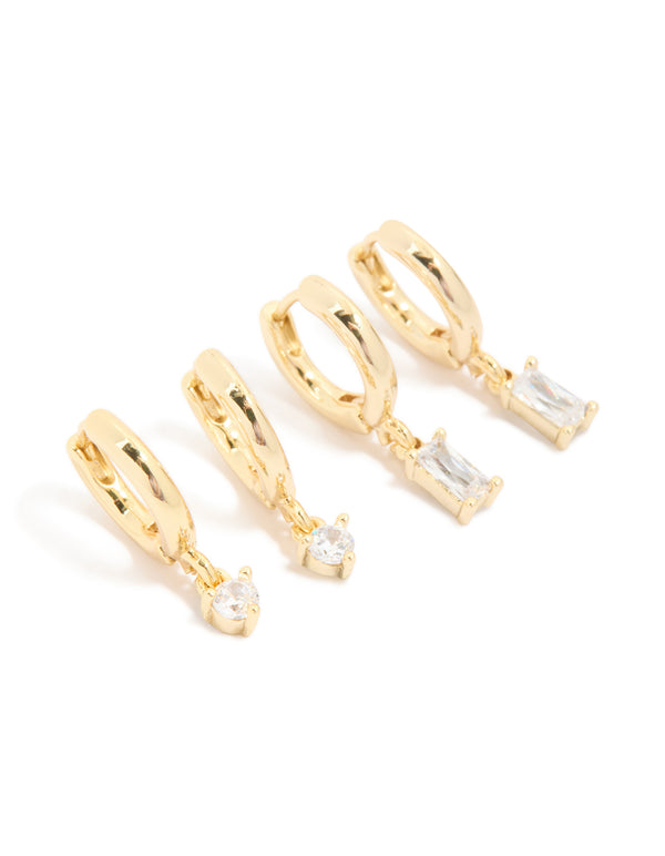 Gold Plated Brass Baguette Round Cubic Zirconia Huggie Earrings 2-Pack