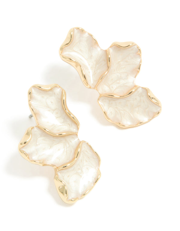 Gold Plated White Enamel Half Flower Earrings