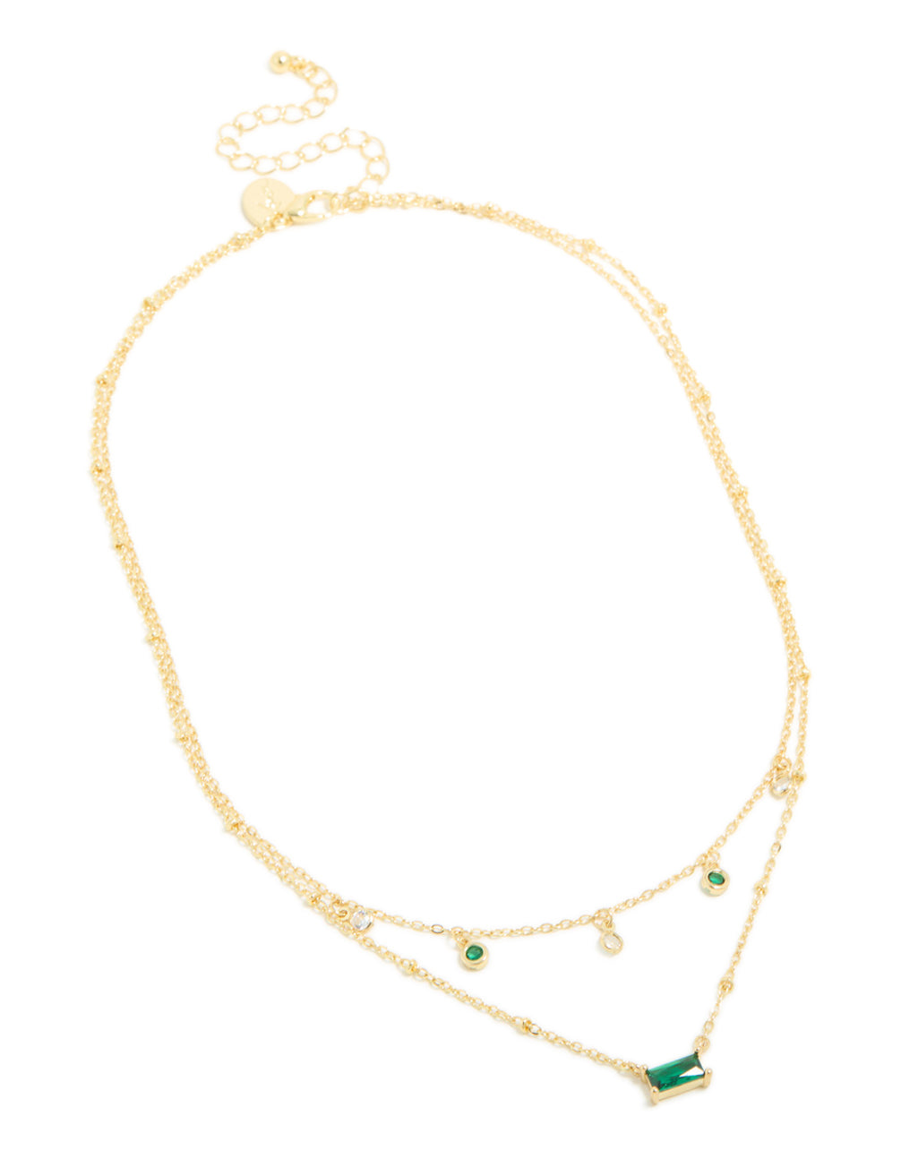 Gold Plated Emerald Cubic Zirconia Baguette & Droplets Layered Necklace