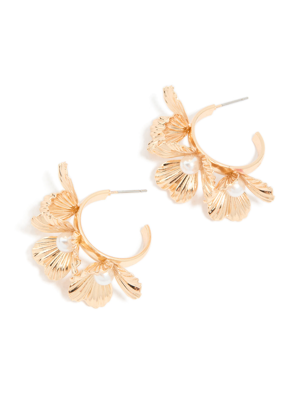 Gold Pearl 3D Flower Hoop Earrings