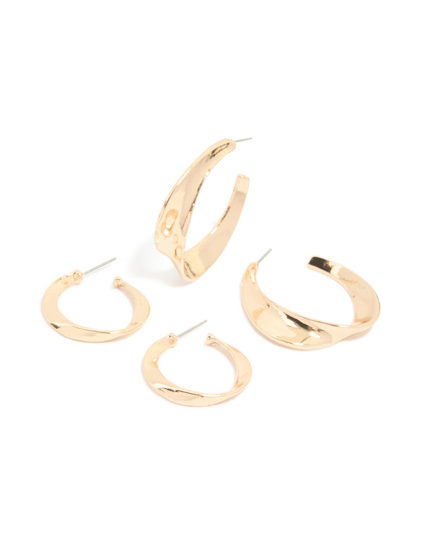 Featuring gold mixed size twisted hoop earrings in a 2-pack front view