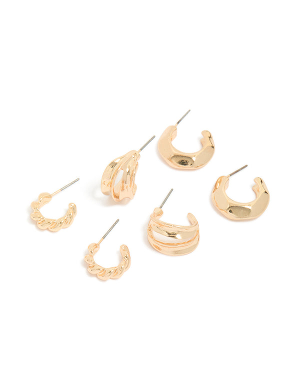 Showcasing dainty chunky earrings with textured huggie closure in gold, 3 pack front view