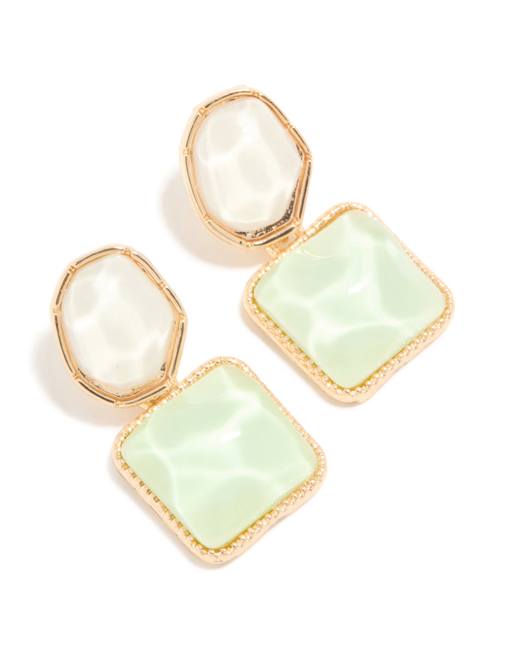 Gold White & Green Organic Stone Round & Square Drop Earrings