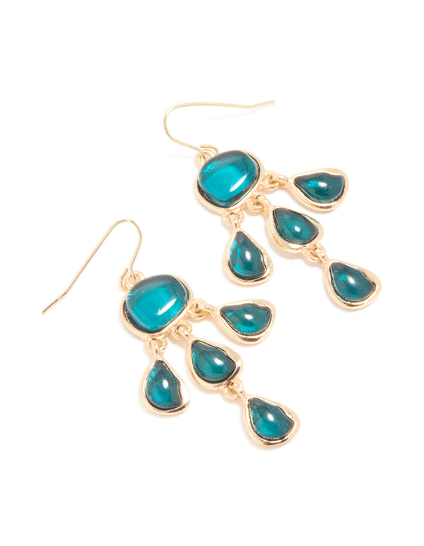 Gold Teal Stone 3 Layered Drop Earrings
