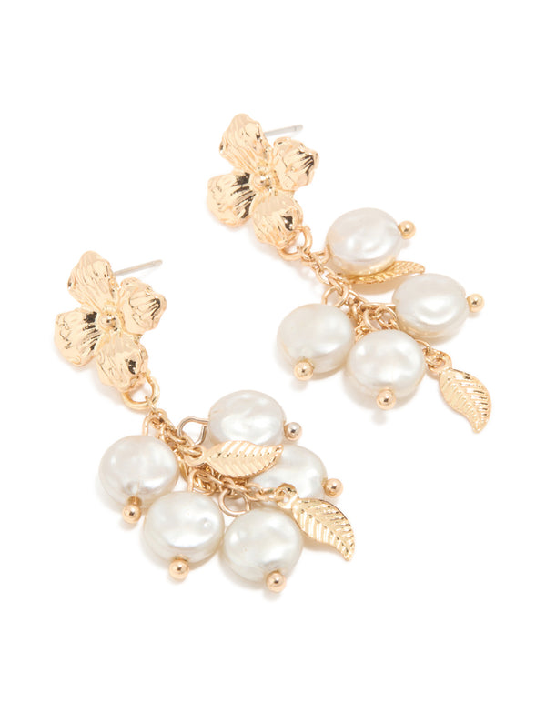 Gold White Pearlised Flower Drop Earrings