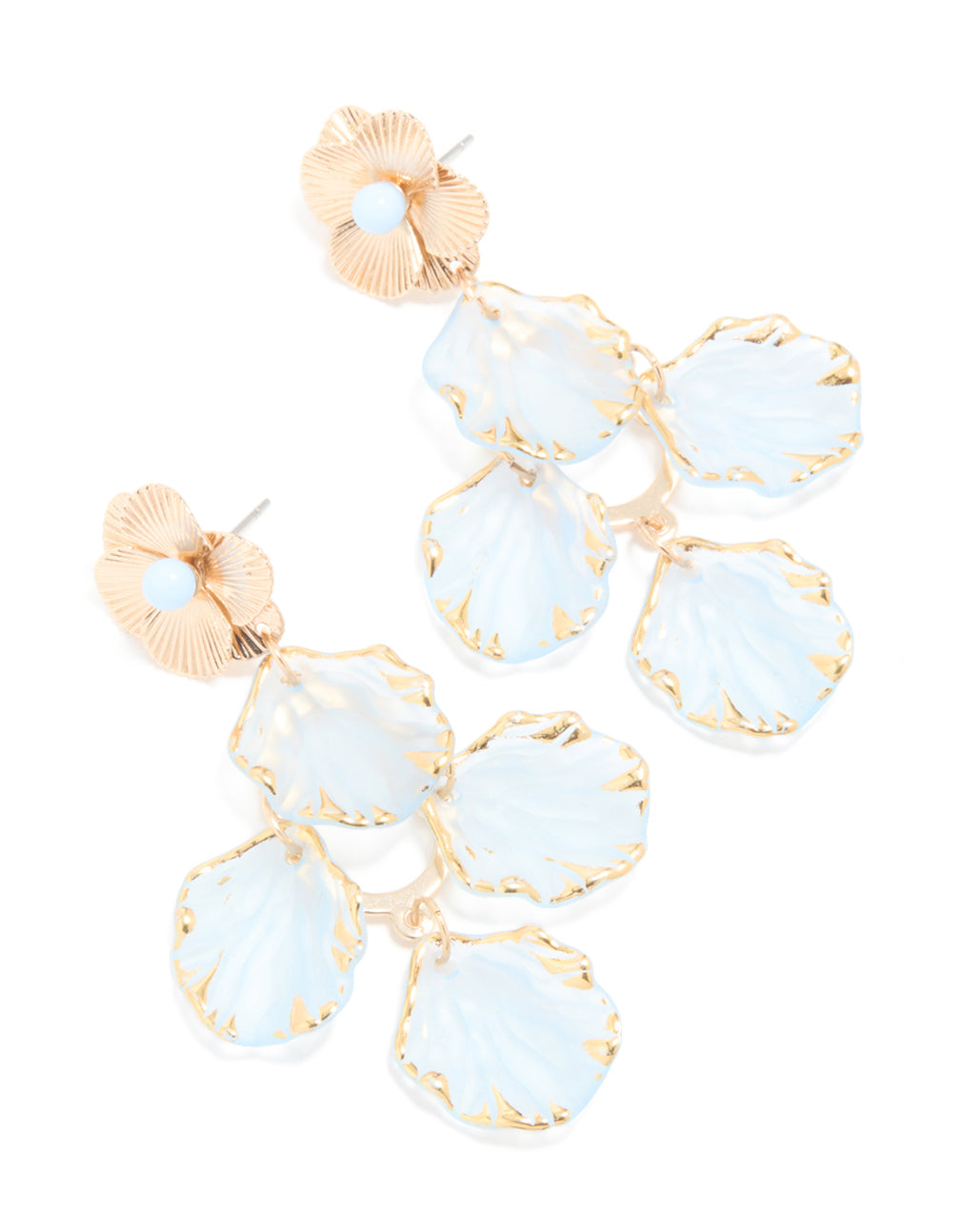 Gold Light Blue Petals Drop Stud Earrings