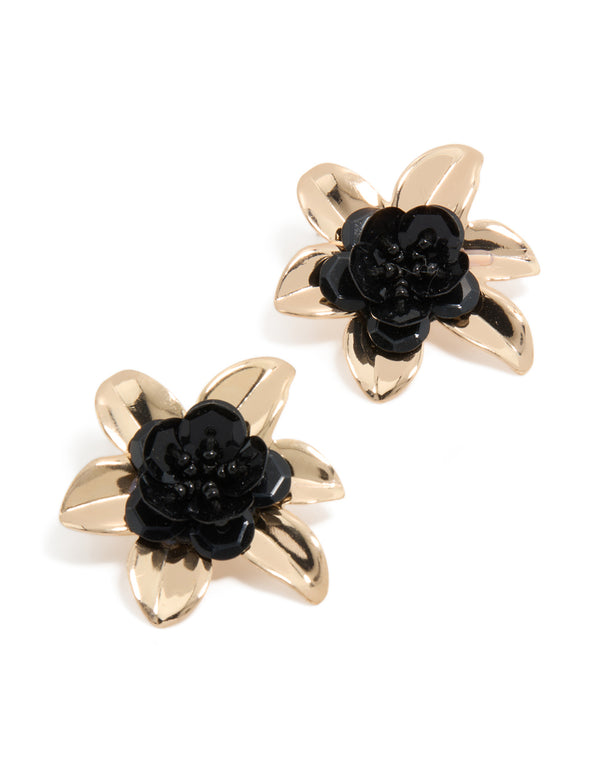 Gold Black Beaded Flower Stud Earrings