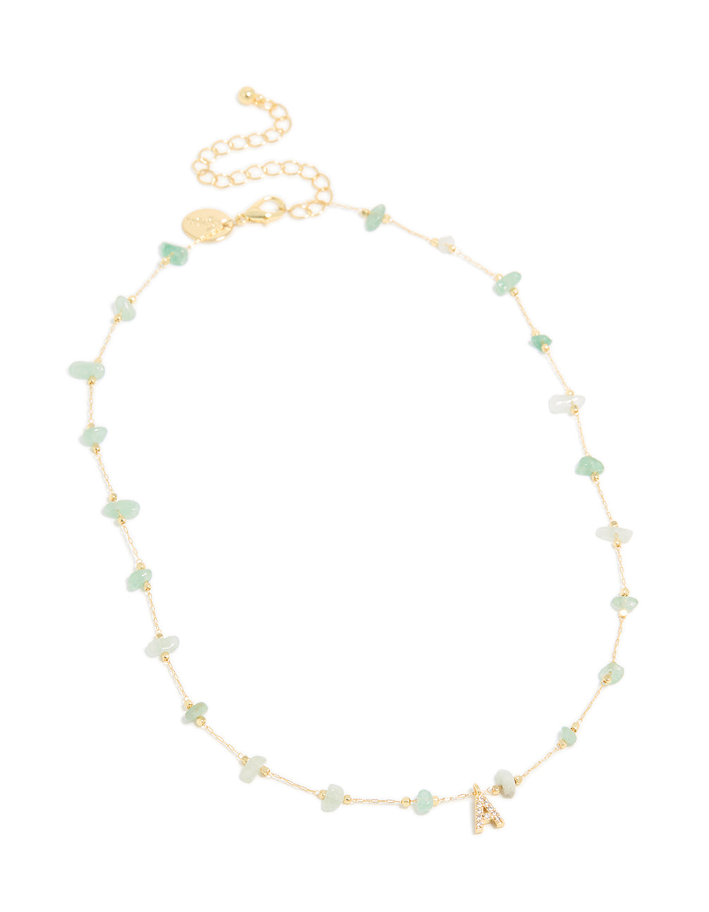 Gold Plated Green Aventurine Semi Precious Stone Cubic Zirconia Letter A Necklace