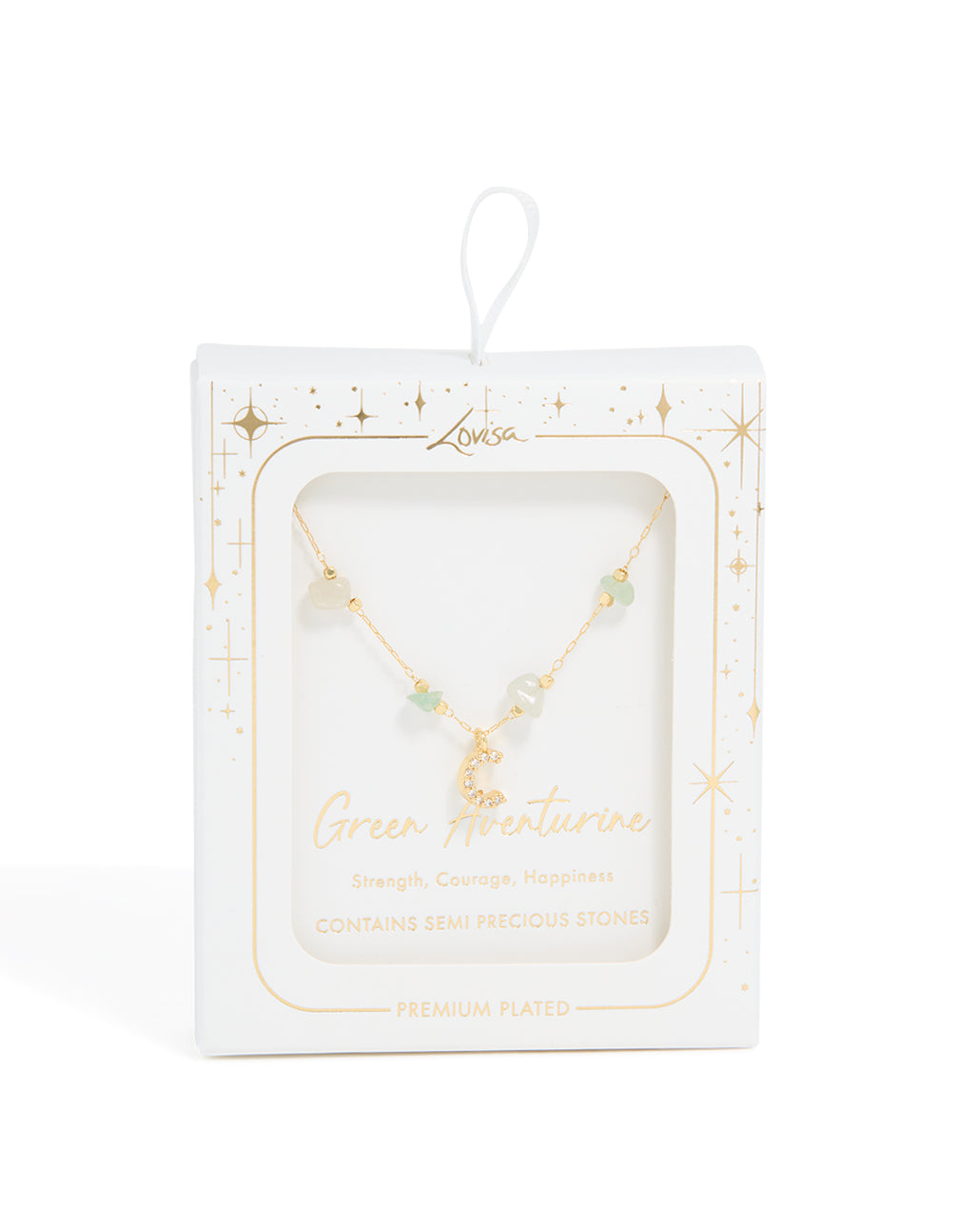 Gold Plated Green Aventurine Semi-Precious Stone Cubic Zirconia Letter C Necklace