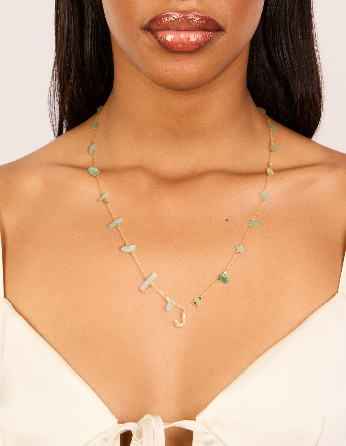 Gold Plated Green Aventurine Semi Precious Stone Cubic Zirconia Letter J Necklace