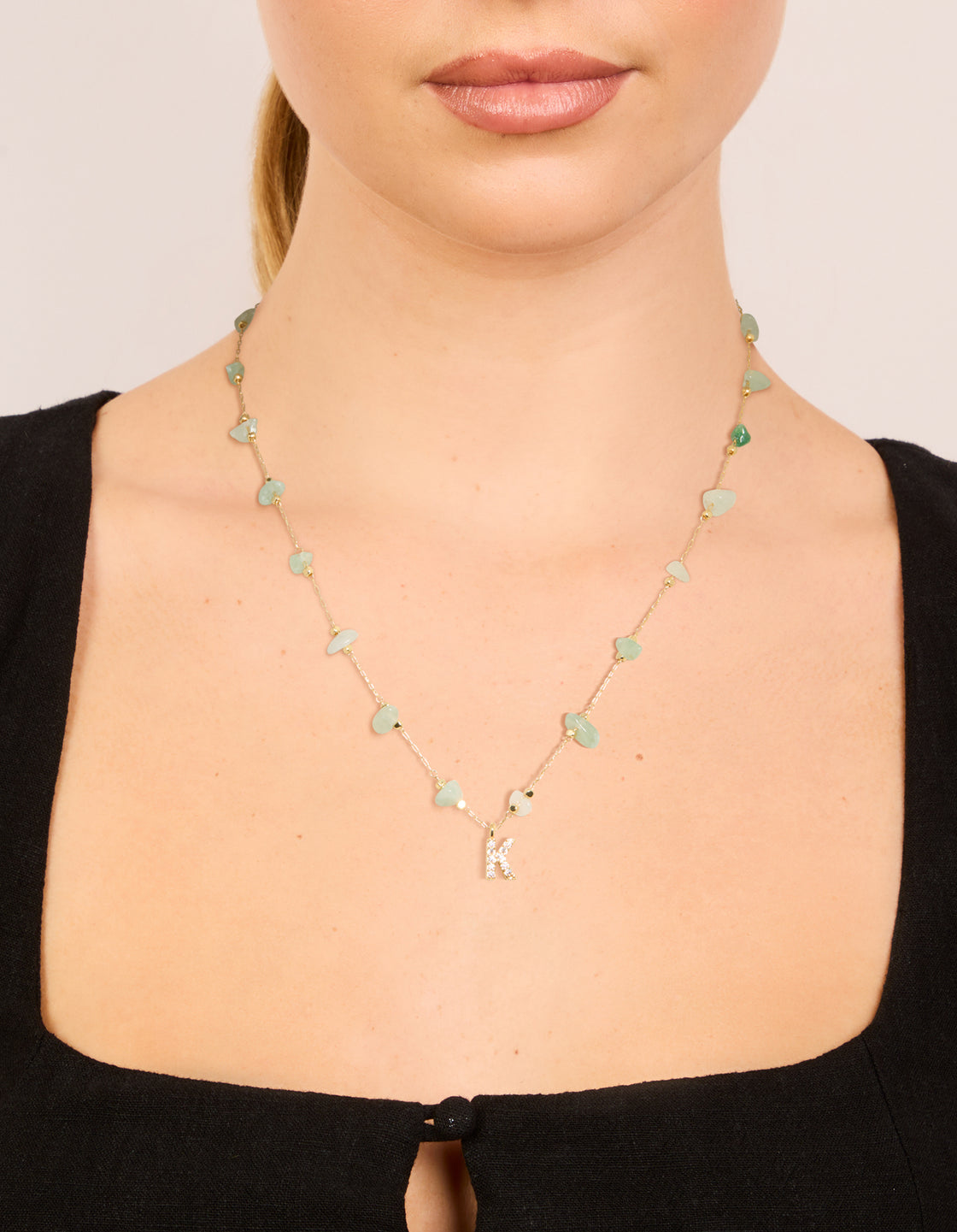 Gold Plated Green Aventurine Semi Precious Stone Cubic Zirconia Letter K Necklace