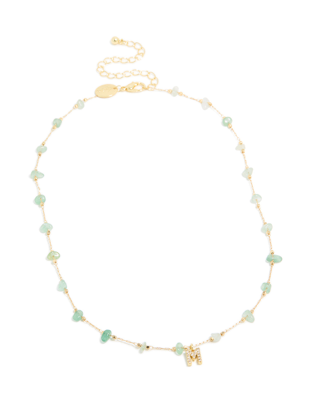 Gold Plated Green Aventurine Semi Precious Stone Cubic Zirconia Letter M Necklace