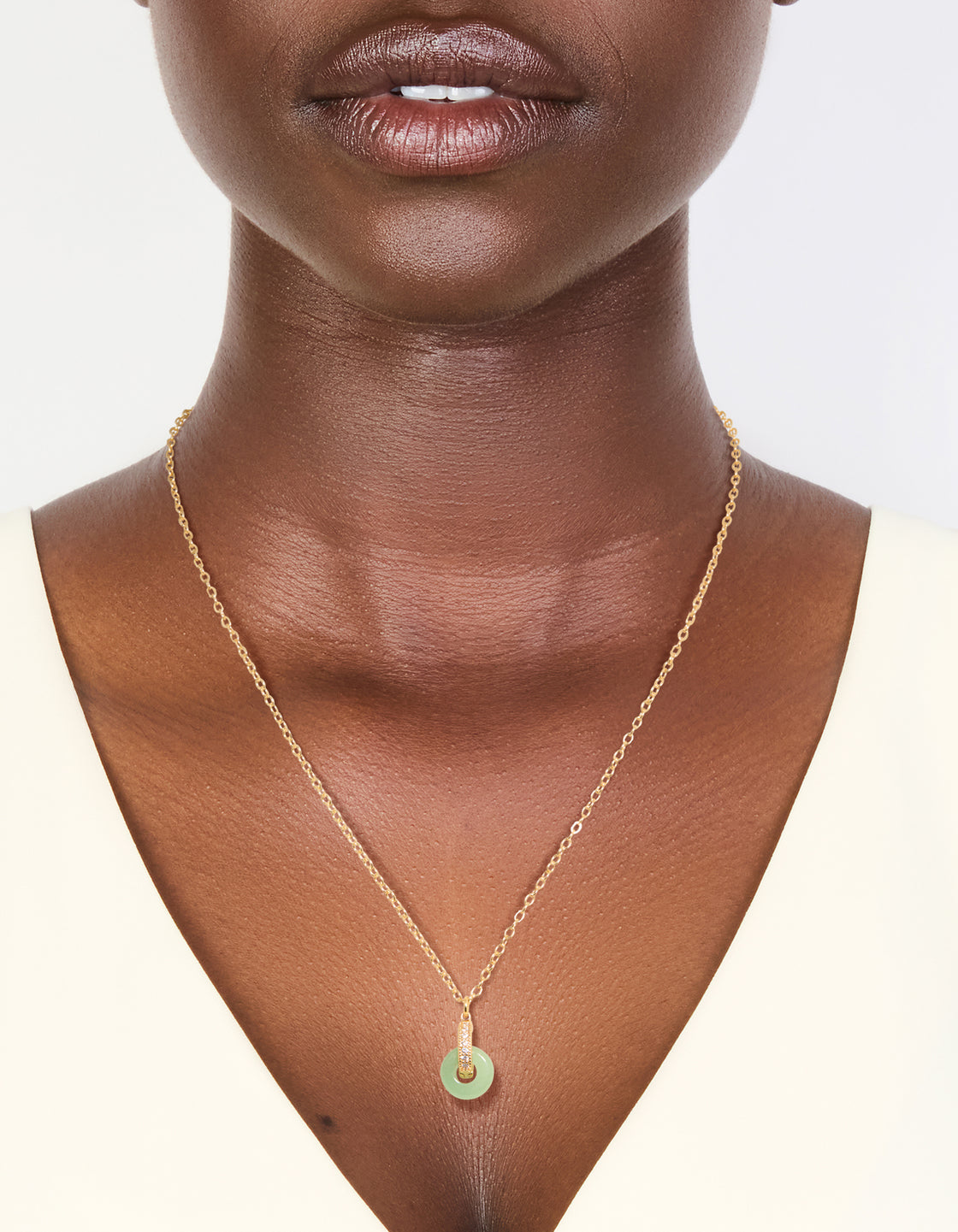 Gold Plated Green Aventurine Semi-Precious Cubic Zirconia Doughnut Necklace