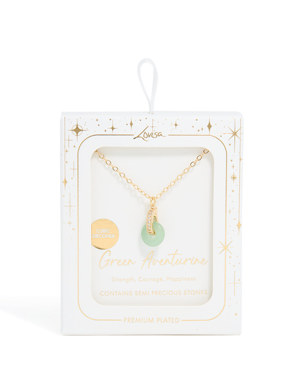 Gold Plated Green Aventurine Semi-Precious Cubic Zirconia Doughnut Necklace