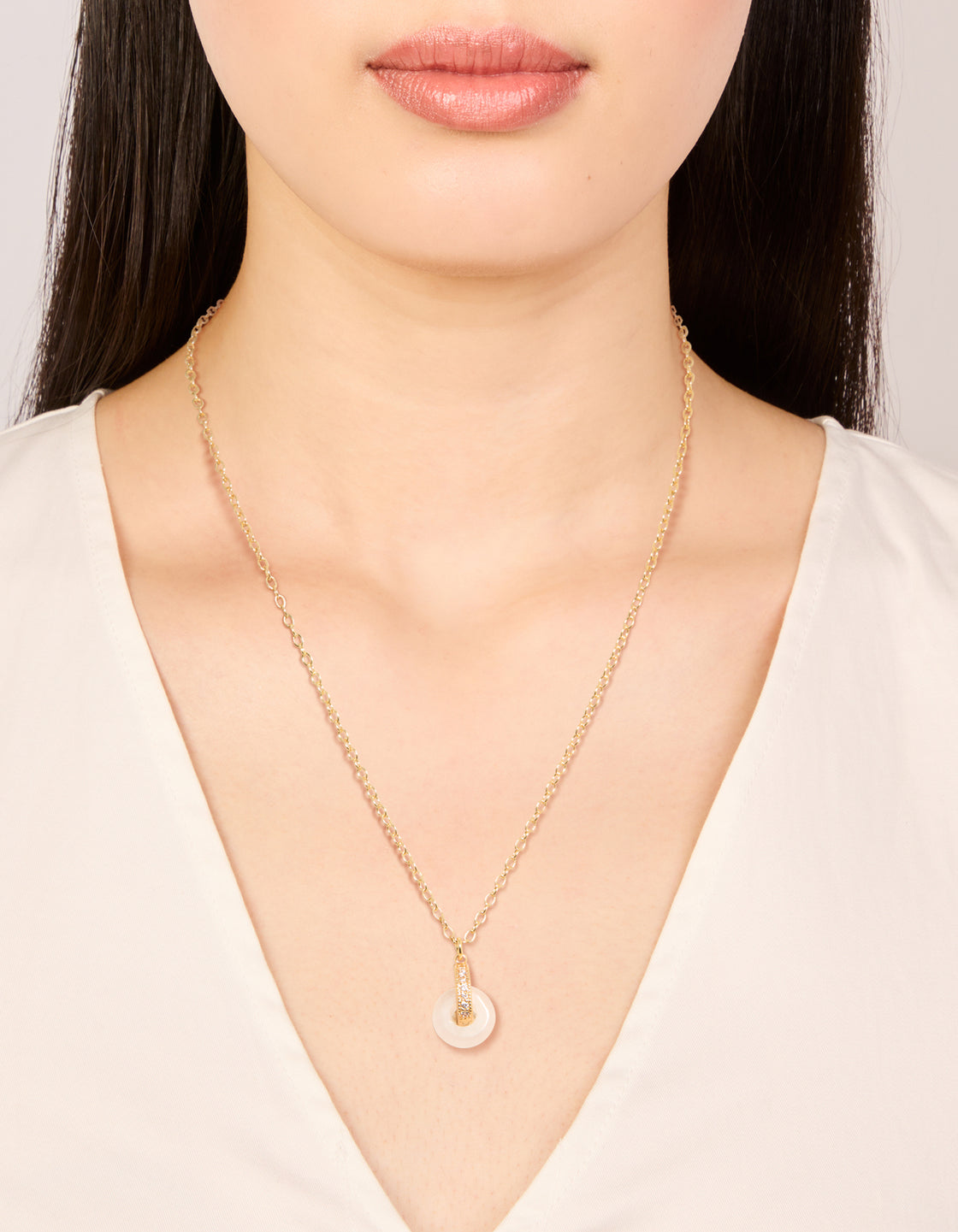 Gold Plated Rose Quartz Semi-Precious Stone Cubic Zirconia Doughnut Necklace