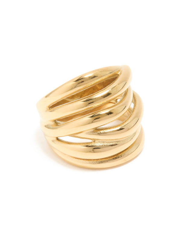 Showcasing a waterproof gold plated stainless steel bold stacked line ring in chunky style front view