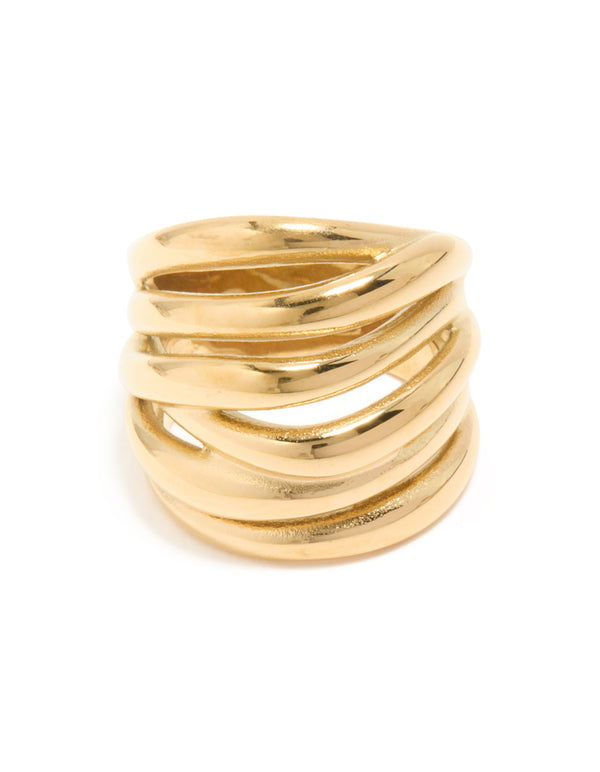 Highlighting a waterproof gold plated stainless steel bold stacked line ring in chunky style close up view