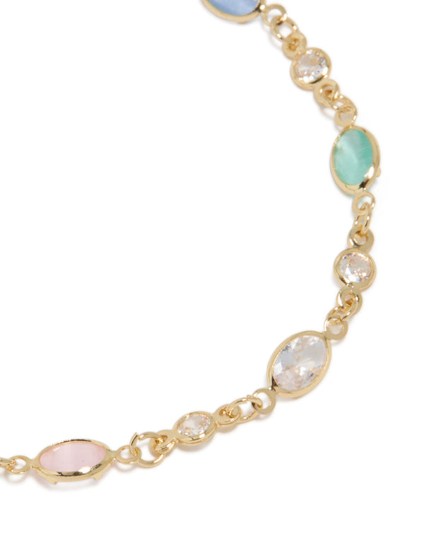 Gold Plated Multicoloured & Clear Cubic Zirconia Oval Bracelet