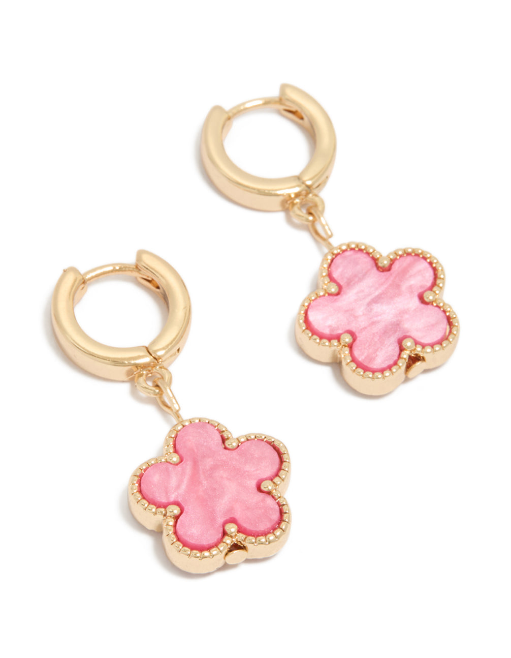 Gold Pink Flower Drop Huggie Earrings