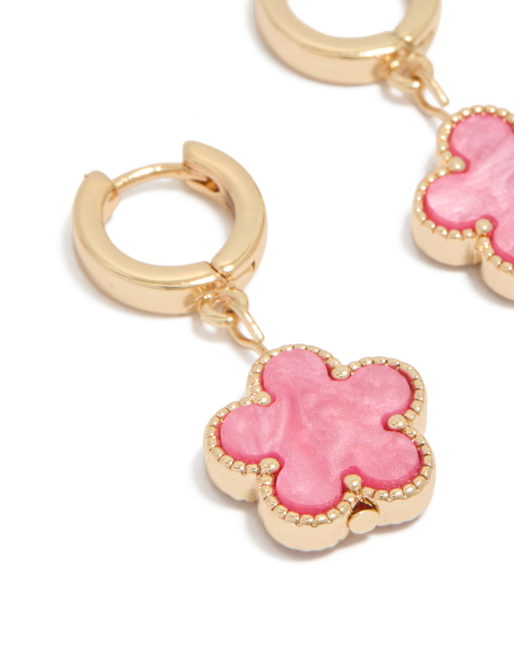 Gold Pink Flower Drop Huggie Earrings
