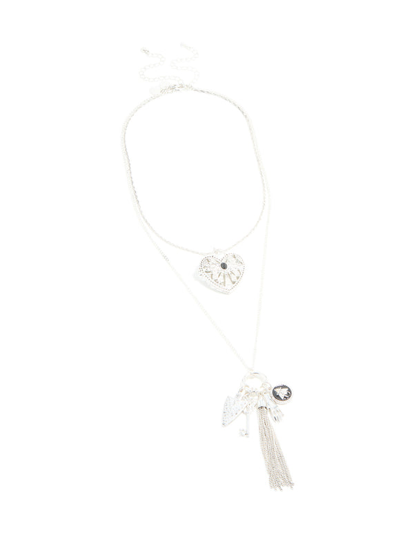 Antique Silver Heart & Arrow Boho Charm Layered Necklace