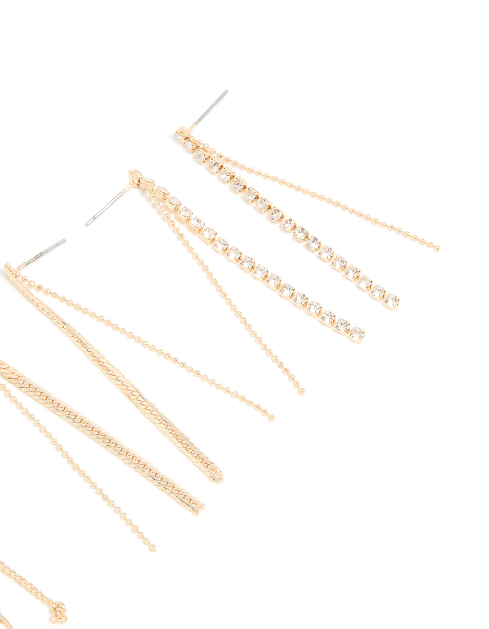 Gold Diamante Cup Chain Triple Row Long Drop Earrings 3-Pack