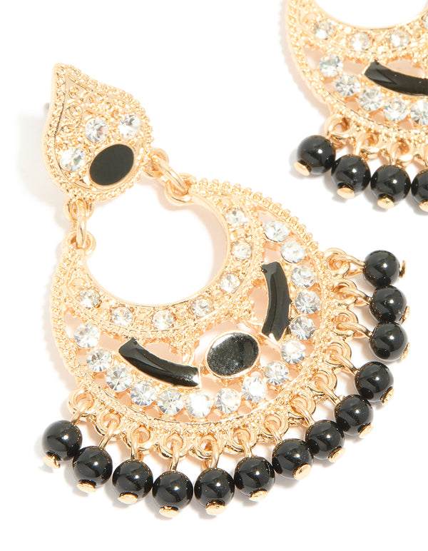 Gold Black Acrylic Diamante Drop Earrings