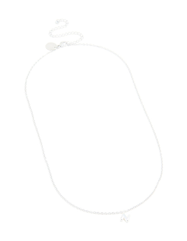 Explore a waterproof stainless steel mini bubble letter N necklace featuring initial pendant in silver front view