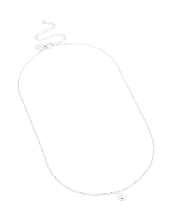 Crafted from waterproof stainless steel mini bubble letter C necklace with initial pendant in silver front view