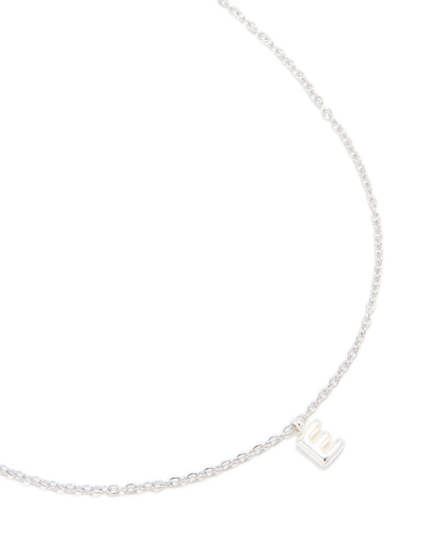 Discover this waterproof stainless steel mini bubble letter E necklace featuring initial pendant in silver close up view