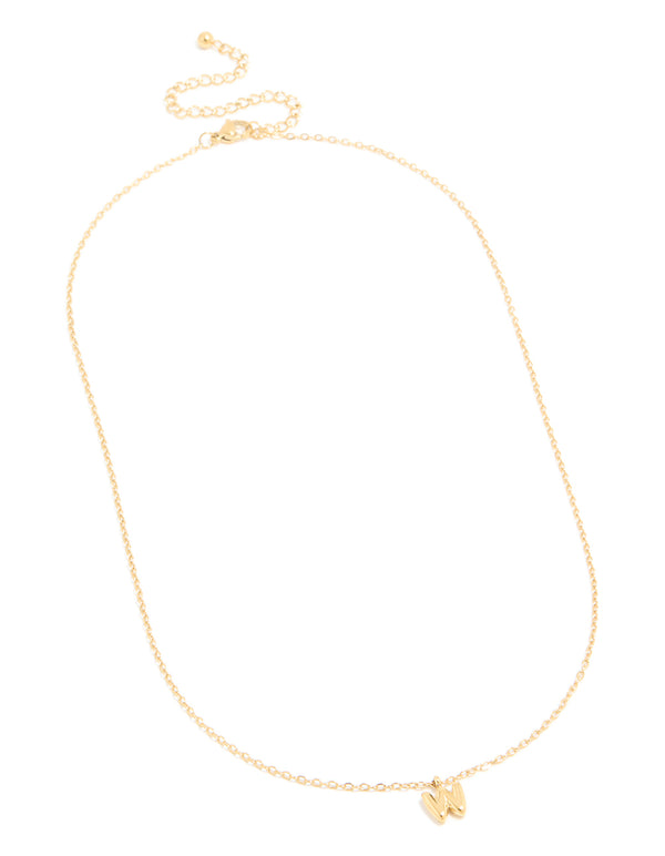 Discover waterproof mini bubble letter W necklace featuring initial pendant in stainless steel with plated finish front view
