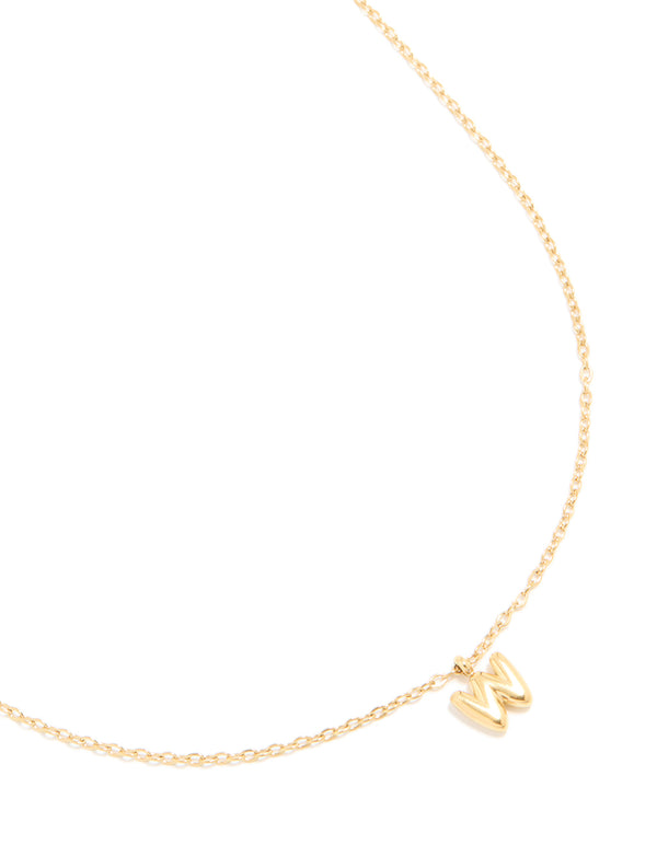 Beautifully crafted waterproof mini bubble letter W necklace featuring initial pendant in stainless steel with plated finish close up view