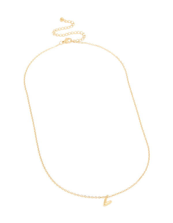 Designed with waterproof mini bubble letter V initials pendant in gold plated stainless steel necklace front view